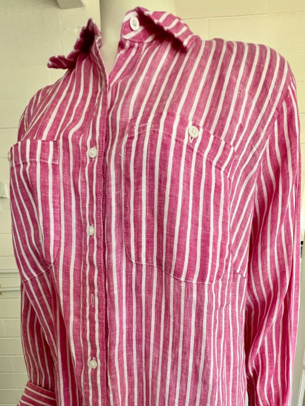 Lauren Ralph Lauren 1X 100% Linen Pink White Striped Button Down Shirt